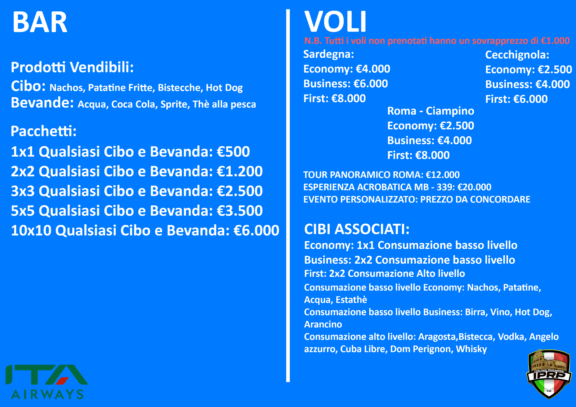 Prodotti venduti dall'ITA Airways